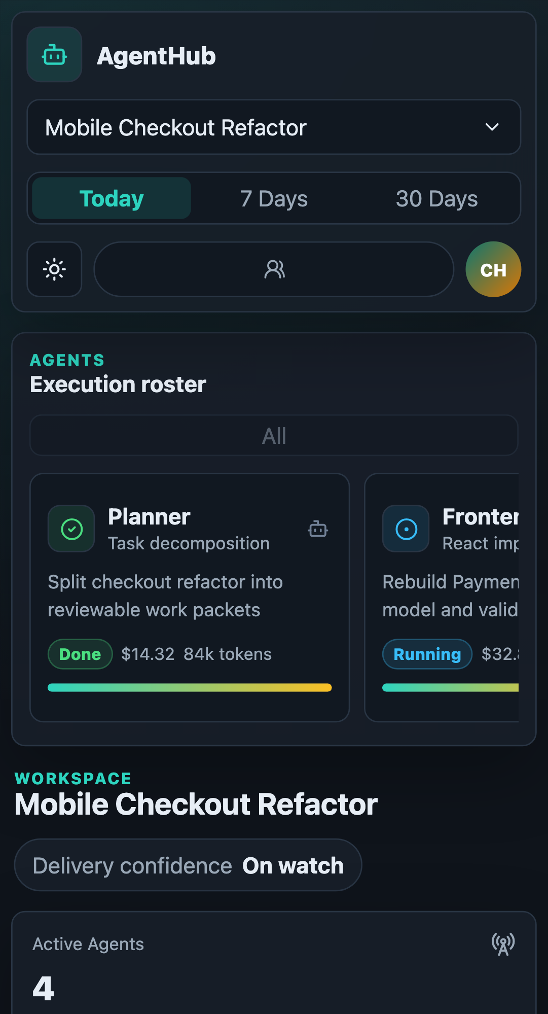 AgentHub mobile screenshot with horizontal clipping in the agent rail